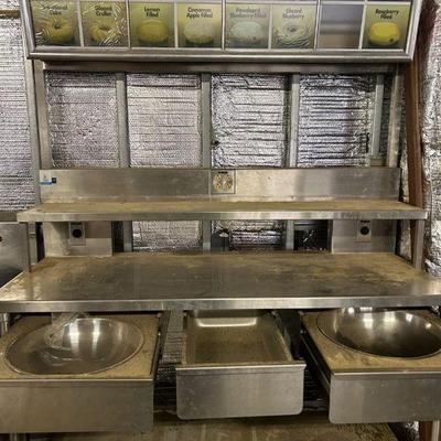 Restaurant Equipment - Krispy Kreme Restaurant Equipment - Stainless Steel Prep Table w/ power outlets, drawers and menu board.