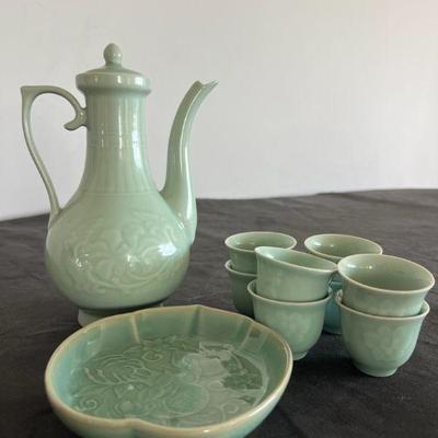 MHT062- Vintage Celadon Porcelain Ewer, Tea Cups & Small Dish