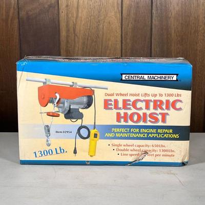 Central Machinery Electric Hoist | New in original box, Item 02954, dual wheel hoist lifts up to 1300 lbs.

