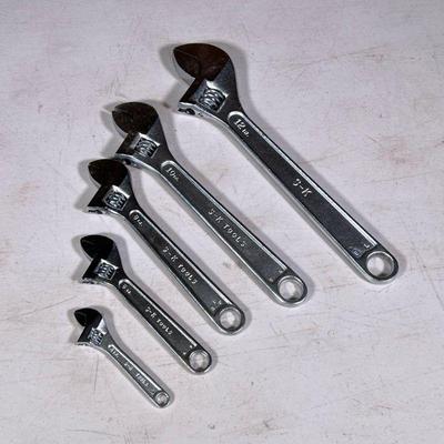 (5pc) S-k USA Adjustable Wrenches | S-K Tools, including 12, 10, 8, 6, and 4 inches.


