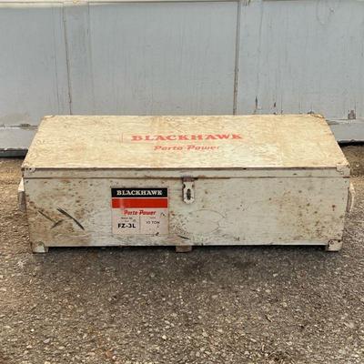 Large Group Blackhawk Porto-power Tools | Various heavy duty tools, with red paint and signs of use, one large wooden crate painted white...