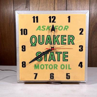 Quaker State Motor Oil Clock | "Ask For Quaker State Motor Oil / Made in USA" - h. 16.25 x w. 16.25 in

