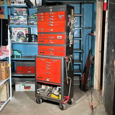 Vintage Rem Line Rolling Tool Chest | Three sections, grey and re, filled with various air tools and hand tools, equipment, etc. as...
