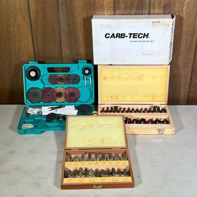 Group Router & Other Bits | Including a carb-tech 24 piece bit set, a grizzly shaper cutter, and an air angle grinder with...