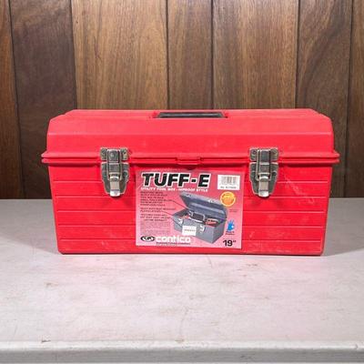 Collection Hand Tools | A red plastic Tuff-E toolbox with various hand tools including wrenches, screwdrivers, level, etc.
