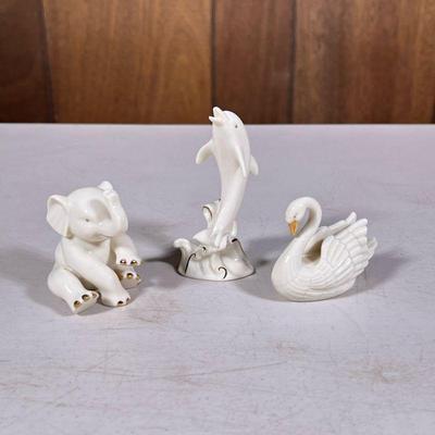 h. 5.5 x l. 8.5 in | Including a swan, elephant, and a dolphin, each marked on the bottom. - h. 4 in (dolphin)