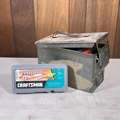 Craftsman Wrench & Other Tools | A metal ammo box containing various hand tools and a Craftsman 12-piece socket wrench set. - h. 7.25...