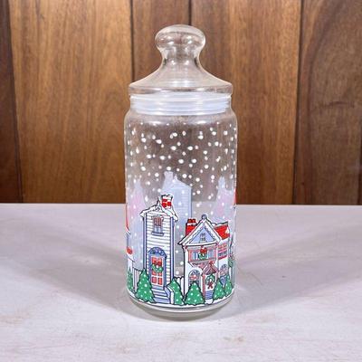 Vintage Dunkin Donuts Jar | Christmas themed jar with wintry village scenes. - h. 10.5 in