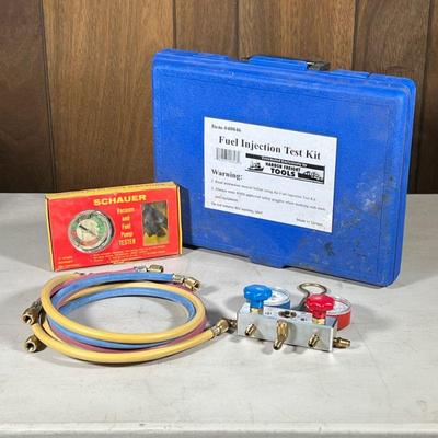 (2pc) Auto Gauge Sets | Including a Schauer manifold gauge set vacuum and fuel pump tester, and a Harbor Freight Fuel Injection Test Kit...