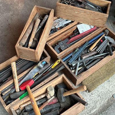 (8pc) Crates Of Tools | Wooden crates containing various hand tools including axes, hammers, etc.