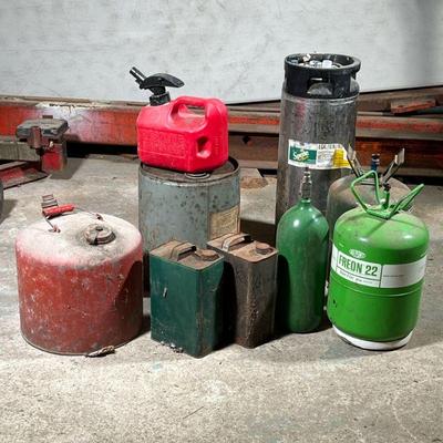 LARGE GROUP CANISTERS & FREON | Including two Freon 22’s a vintage gas can other canisters, etc.