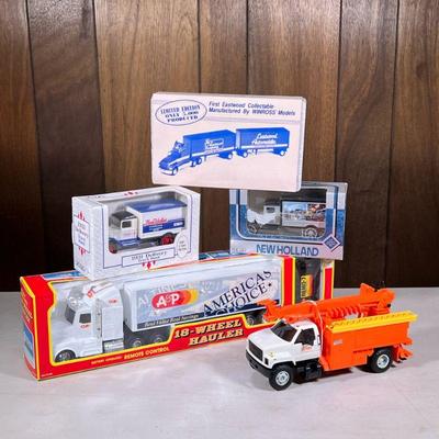 (5pc) Toy Trucks | Including an A&P 18-wheel hauler in original box, an Eastwood Automobilia truck by WINROSS Models, a 1931 Delivery...
