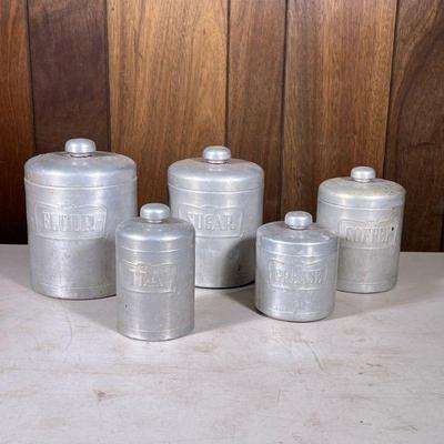 (5pc) Vintage Aluminum Kitchen Canisters | Flour, Sugar, Coffee, Tea, and Grease lidded jars. - h. 9 in (tallest)