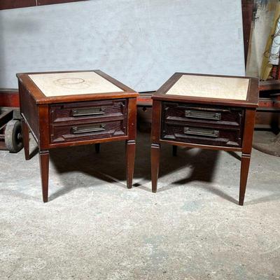 (2pc) Pair Side Tables | Nightstands or end tables, each with a single drawer with false double drawer front, over tapered legs. - h. 21...
