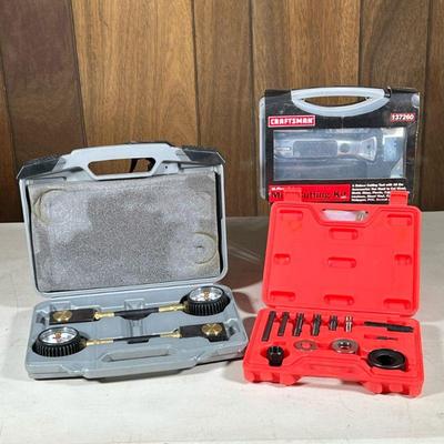 (3pc) Misc. Tools | Including a pulley remover and installer set, a craftsman 16 piece multi cutting kit, new, and an Aschcroft pressure...