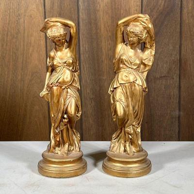 (2pc) Pair Gilt Porcelain Figures | Classical female figures. - h. 15.5 x dia. 5 in