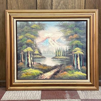 Landscape Oil Painting | Showing a lake before a mountainous landscape, signed “Thomas” lower left. - h. 27.25 x w. 31.25 in (frame)
