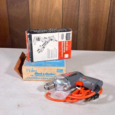 (2pc) Vintage Black & Decker Drill | U-205-2 quarter inch variable speed drill; plus a Sears craftsman drill bit grinding attachment.