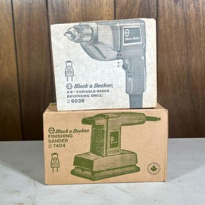 (2pc) Vintage Black & Decker Tools | Including a variable speed reversing drill no. 6036 and a finishing sander no. 7404.