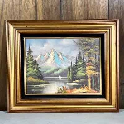 Landscape Painting | Showing two boats in a lake before a mountainous landscape, signed “Tony” lower left, oil on artists board. - h....