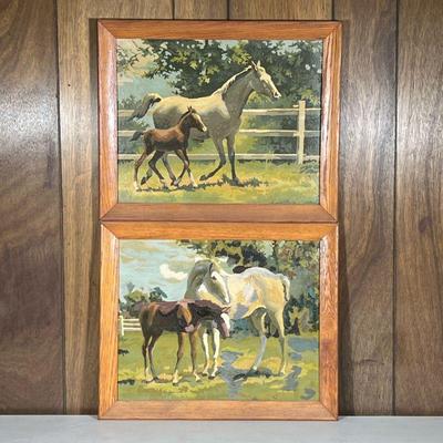 (2pc) Pair Horse Paintings | Two oil paintings of horses each in a wooden frame, no apparent signature to either. - h. 19 x w. 23 in (ea....