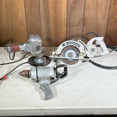 (3pc) Heavy Duty Vintage Electric Tools | Including a black and decker portable sander, a craftsman commercial half inch reversible drill...