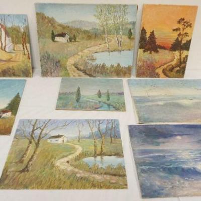 1095	ALICE SCAMPORINO SIGNED, GROUP OF OIL PAINTINGS ON BOARD, SEASCAPE, LANDSCAPES, LARGEST APPROXIMATELY 14 IN X 18 IN, CA 1940
