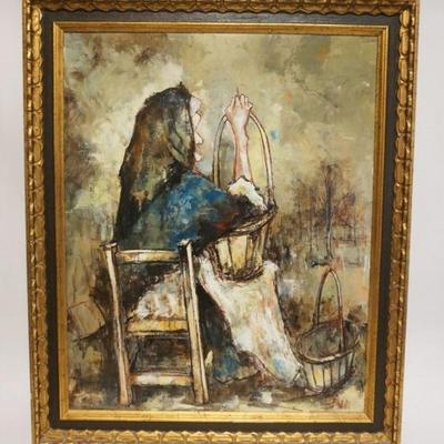 1090	MANUEL MONTON BUNEL OIL PAINTING ON CANVAS, IMAGE OF WOMAN SEATED, HOLDING BASKET, APPROXIMATELY 29 IN X 35 IN OVERALL
