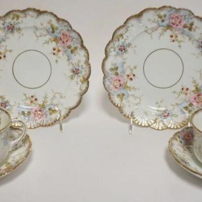 1035	HAND PAINTED CHINA TEACUPS W/SAUCERS & 2-8 IN PLATES
