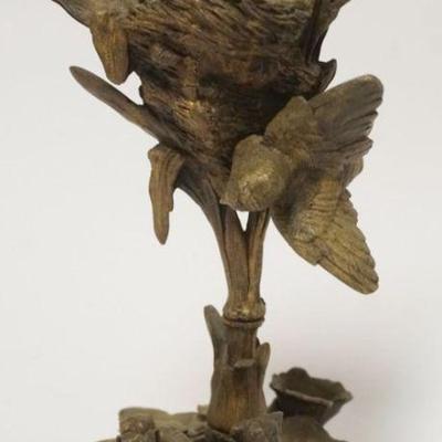 1071	BRONZE SCULPTURE, BIRDS NEST WITH BIRD AND MOUSE ON LEAF BASE LOOKING UP, APPROXIMATELY 9 IN H

