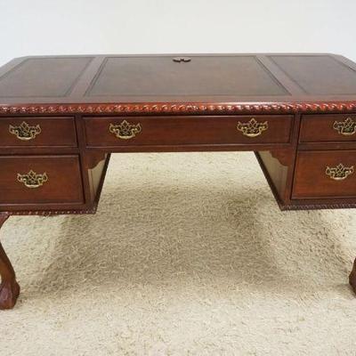 1178	MAHOGANY DESK WITH 5 DRAWERS, 3 SECTION INSET LEATHER TOP AND CARVED BALL AND CLAW FEET WITH CABRIOLE LEGS, APPROXIMATELY 56 IN X 28...