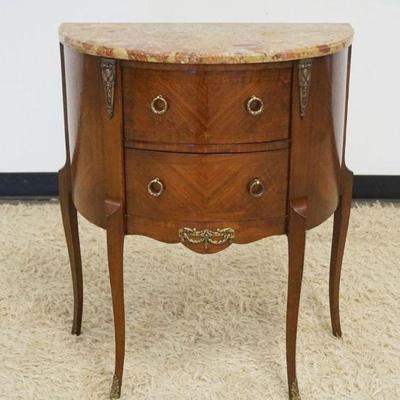 1156	ITALIAN MARBLE TOP DEMILUNE STAND WITH APPLIED METAL MOUNTS, APPROXIMATELY 25 IN X 13 IN X 30 IN H
