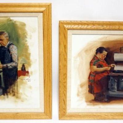 1091	SIGNED MARTIN 83, 2 ROCKWELL STYLE OIL PAINTINGS ON CANVASE DEPICTING COUNTRY KITCHENS WITH MAN AND WOMAN ON COOKING WOOD STOVES,...
