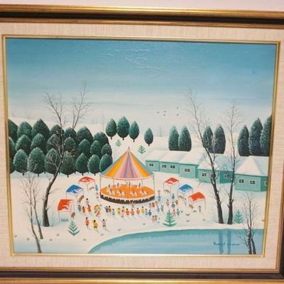 1076	ROBERT FOX OIL PAINTING ON CANVAS, FOLK ART STYLE OF WINTER CARNIVAL, APPROXIMATELY 25 IN X 29 IN OVERALL
