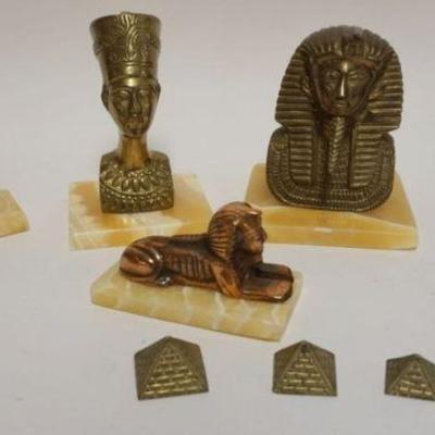 1072	GROUP OF ASSORTED EGYPTIAN METAL FIGURES MOUNTED ON MARBLE AND NEST OF BRASS PYRAMIDS, TALLEST APPROXIMATELY 6 3/8 IN
