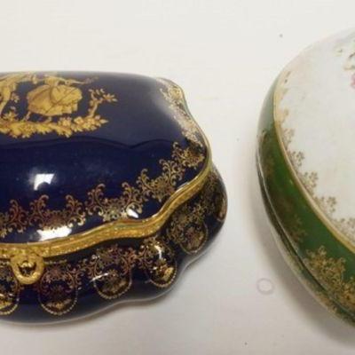 1147	2 PORCELAIN DRESSER BOXES, LIMOGES COBALT BLUE WITH GUILDED ACCENTS, COURTING SCENE AND EGG SHAPED COVERED BOX, LARGEST...