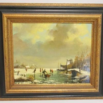1098	CONTEMPORARY FRAMED ART, WINTER SKATING SCENE, APPROXIMATELY 12 IN X 15 IN OVERALL

