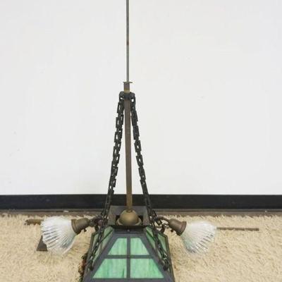 1177	MISSION STYLE HANGING LAMP FIXTURE WITH GREEN SLAG GLASS PANELS AND RIBBED SHADES ON EITHER SIDE, BEADED HANGING TRIM ON BASE OF...