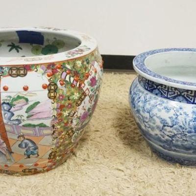 1199	KOI FISH BOWL AND BLUE AND WHITE JARDINEER, LARGEST APPROXIMATELY 16 ON X 16 IN H. FISH BOWL HAS HOLE IN BACK
