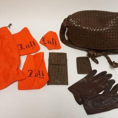 1114	LULI LEATHER HANDBAG, GLOVES, WALLET, KEY FOB, ALL WITH ORIGINAL DUST SLEEVES
