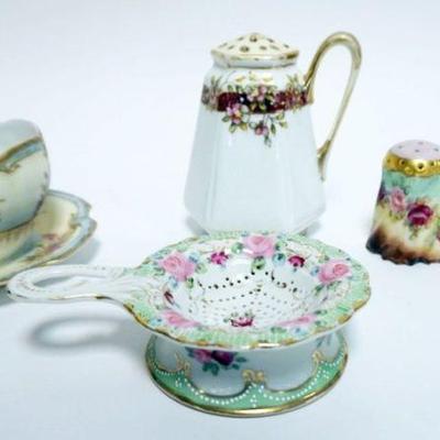 1034	GROUP OF ASSORTED CHINA INCLUDING HAND PAINTED NIPPON SHAKER, LIMOGES BOWL W/ATTCHED UNDERPLATE, SALT & PEPPER SHAKERS &...