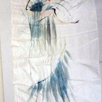 1122	ASIAN SILK SCARF SIGNED, APPROXIMATELY 35 IN X 19 IN
