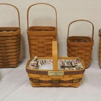 1217	ASSORTED LONGABERGER BASKETS WITH 4 PEG BASKETS 1989, 2000 1988, 1995 BEE BASKET, BERRY BASKET AND BOOKING BASKET
