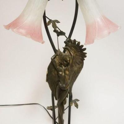1056	CONTEMPORARY ART NOUVEAU STYLE FIGURAL LAMP WITH IMAGE OF NUDE GIRL IN FRONT OF A BIRD WITH ART GLASS SHADES, APPROXIMATELY 24 IN H
