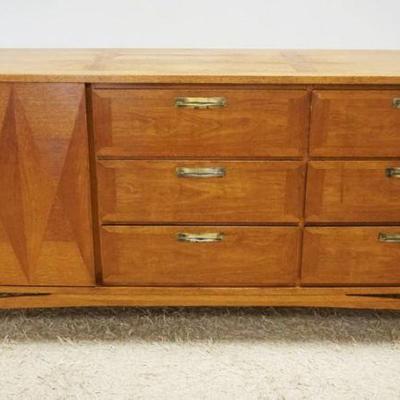 1184	MID CENTURY MODERN 6 DRAWER, 1 DOOR CHEST WITH DIAMOND VENEER INLAID DOOR, APPROXIMATELY 68 IN X 20 IN X 32 IN H. SOME VENEER LOSS...