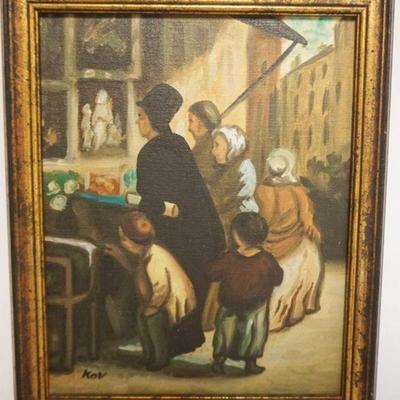 1080	KOV SIGNED OIL PAINTING ON BOARD, STREET SCENE, GROUP OF PEOPLE PERRING IN SHOW WINDOW, APPROXIMATELY 9 IN X 11 IN OVERALL
