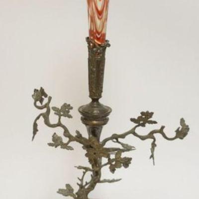 1049	VICTORIAN GLASS EPERGNE ON ORNATE SILVER PLATE BASE WITH IMAGES OF STAG IN FOREST & TREE ON LION FACE FOOTED BASE, APPROXIMATELY...