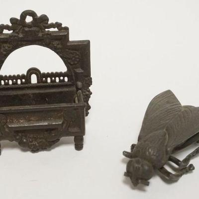 1051	ANTIQUE CAST IRON WALL MATCH HOLDER DATED 1871 AND CAST IRON FLY PAPER WEIGHT, TALL PIECE APPROXIMATELY 4 1/2 IN H
