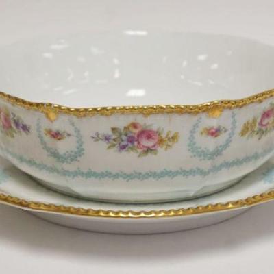 1015	LIMOGES LARGE HAND PAINTED BOWL W/UNDERPLATE, HAND PAINTED FLOWERS W/GILT EDGE BORDER, BOWL APPROXIMATELY 10 IN X 3 IN HIGH, PLATE...