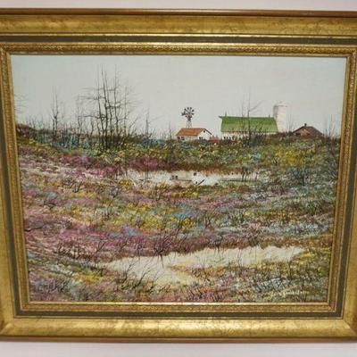1075	SIGNED JOHN LEWIS EGANSTAFER FRAMED OIL PAINTING ON CANVAS, RURAL FARM LANDSCAPE, APPROXIMATELY 20 IN X 24 IN OVERALL
